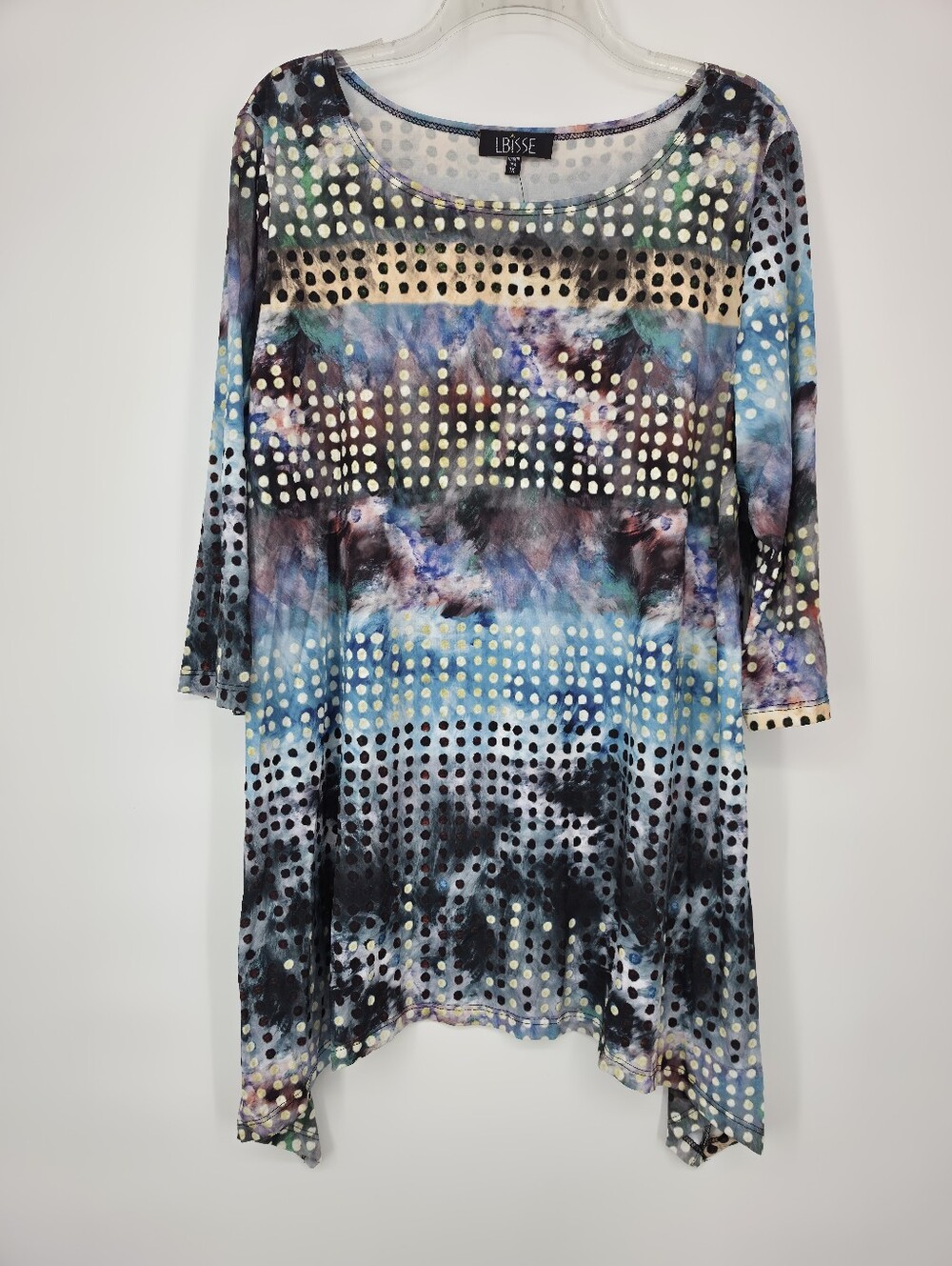 NWT LBisse Blue Abstract Polka Dot Tunic Top 1X Sharkbite Hem artsy Stretch